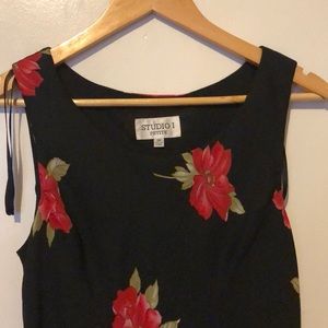 Mid length dress. Bright red flower prints.
